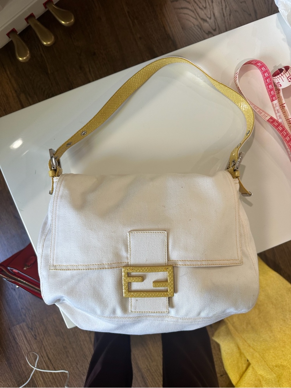 White jean fendi Feminine White Canvas Shoulder Bag with Yellow Accents